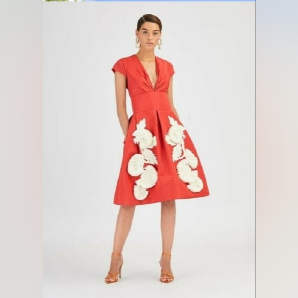 $4,890 NEW OSCAR DE LA RENTA RED SILK IVORY BEAD FLOWER DRESS 2